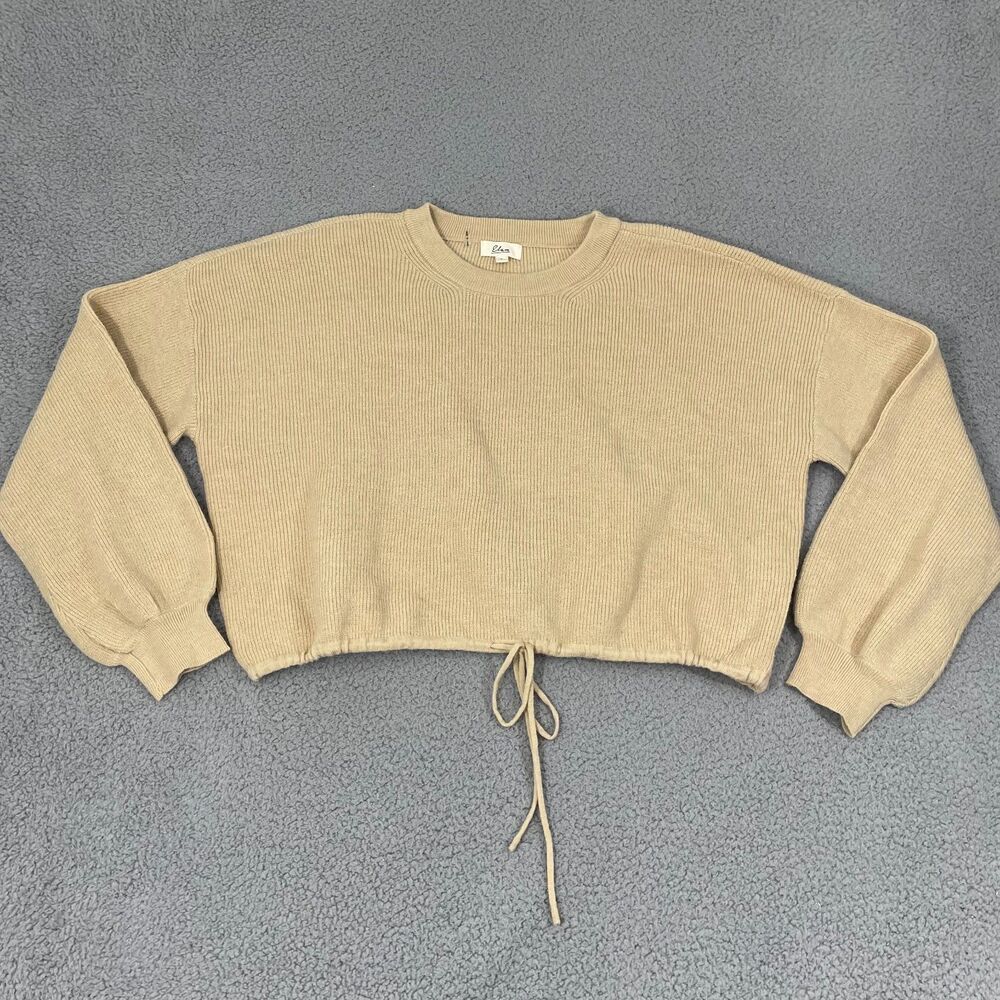 Anthropologie Elan Sweater Women L Tan Crop Oversized Ribbed Knit Pullover